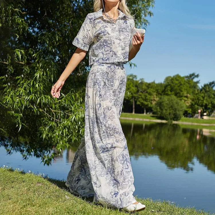 Fashion Casual Suit 2026 Summer New Women Vintage Printed Set Lapel Short Sleeved Polo Neck Shirt Loose Wide-leg Pant Set
