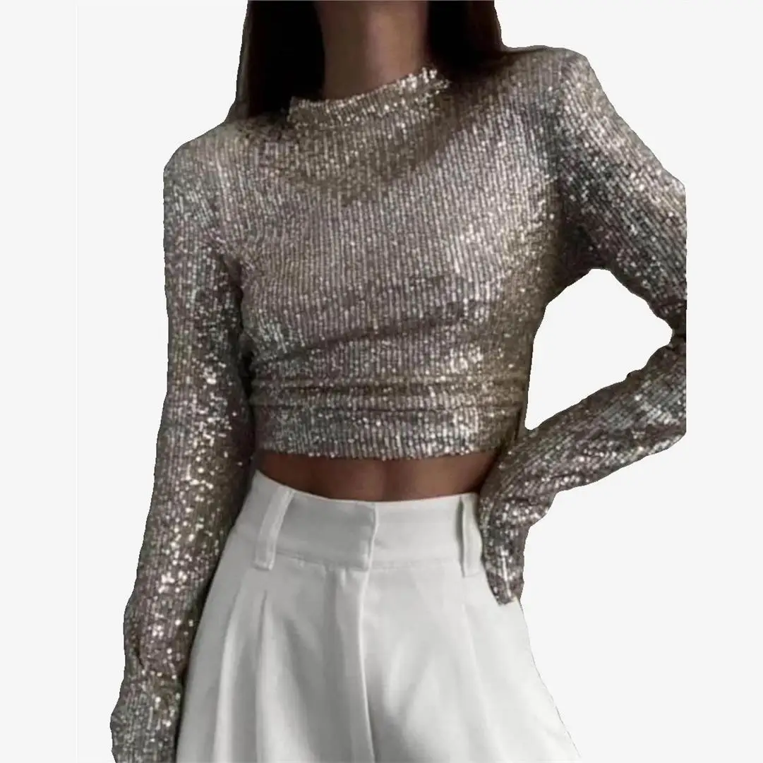 مثير الترتر ملهى ليلي المرأة مشرق اللون ort تي شيرت الشارع Sle طويل Sve جولة Ne عادية Faion الربيع #5