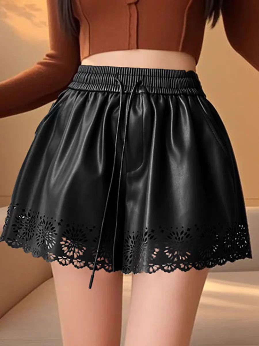 Cut-Out PU Leather Shorts for Women, High Waist A-Line Boot Shorts. Retro Style, Petite Friendly and Flattering for Fall Winter