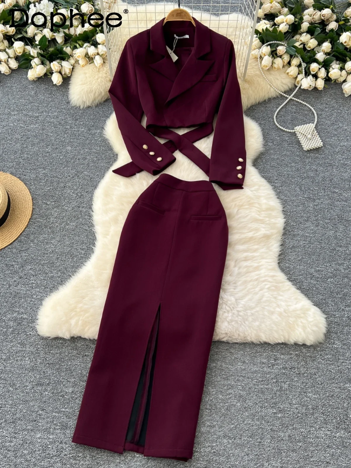 Skirt Sets Women's Clothing 2024 Autumn New Strap Waist Short Suit Jacket and High Waist Split Skirt Two-piece Sets Lady