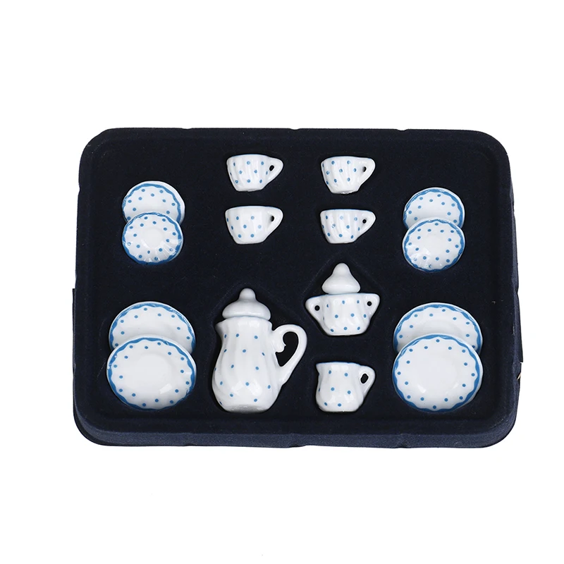 15 Stuks 1:12 Poppenhuis Miniatuur Blauwe Stip Servies Porseleinen Koffie Theekopjes Set