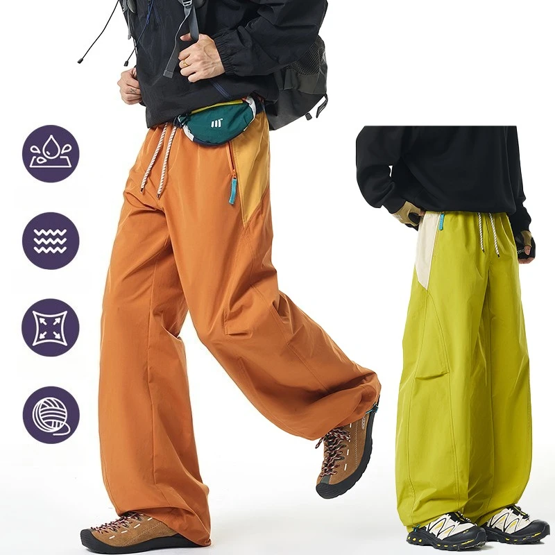 Unisex Quick-Dry Waterproof Cargo Pants – Colorblock Wide-Leg Outdoor Hiking Trousers With