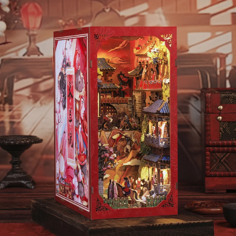DIY Wooden Book Nook Kit – Chinese Style "Legend of Mulan" Bookshelf Insert with LED Lighting and Dust Cover 2