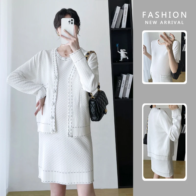 Elegant Pregnant Women Cardigan and Dress Two Pieces Set Internet Celebrity Maternity Knit Dress Single Breast Cardigan Thin