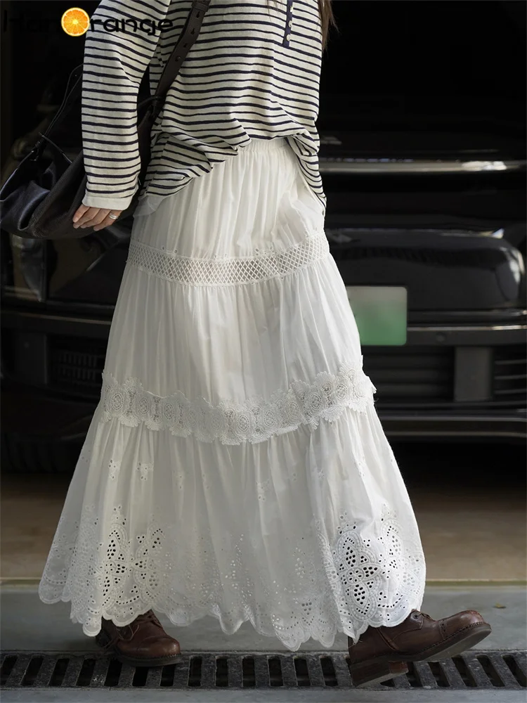 

HanOrange 2025 Early Autumn Romantic Hollow Lace Petal Solid Color 100% Cotton Skirt Loose Large Swing Skirt White