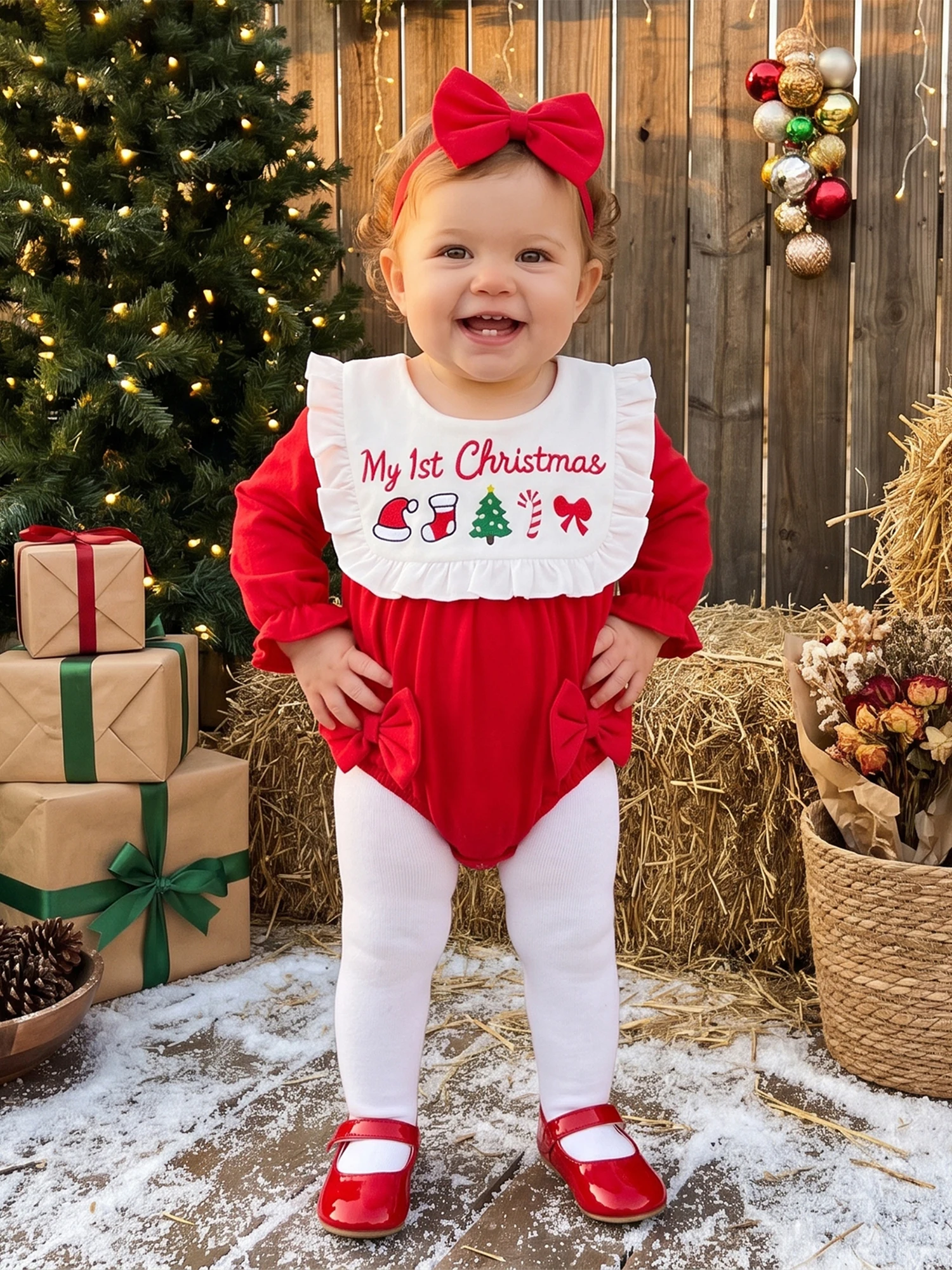 Sleeve Bubble Romper Sleeve-Bubble Girl Christmas Outfit Romper  Headband Set Romper Long Infant Girl Christmas