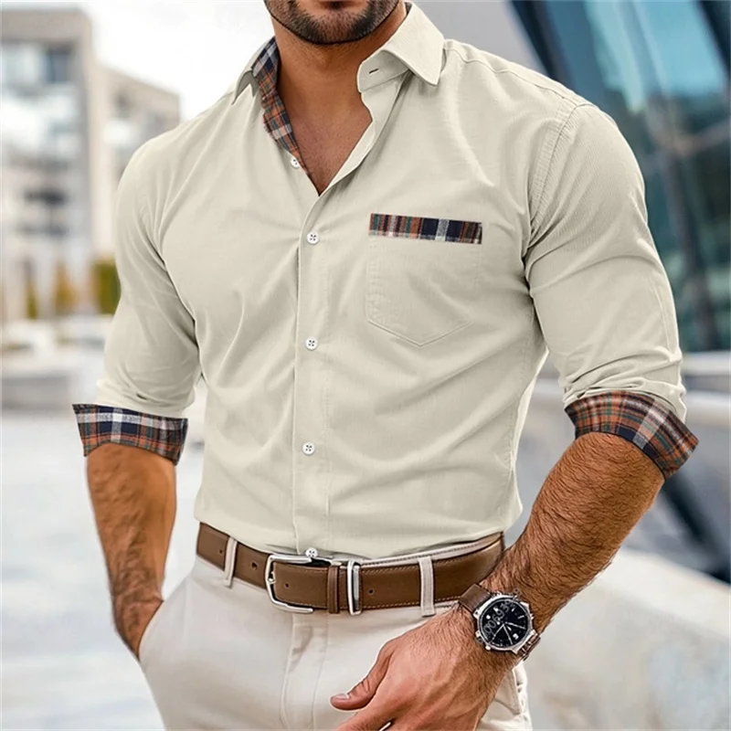 قميص منقوش للرجال، ملابس عمل خارجية، أسود، أزرق داكن، بني، بأكمام طويلة، طية صدر السترة، ملابس الربيع والخريف، تصميم مرقع. #3