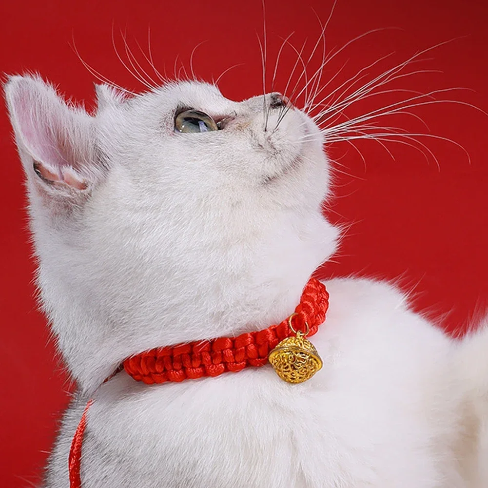 Pet Collar Cat Fashionable Pet New Year Adjustable Necklace Red Rope Chinese Traditional Lucky Bless Hand Knitted Cat Scarf