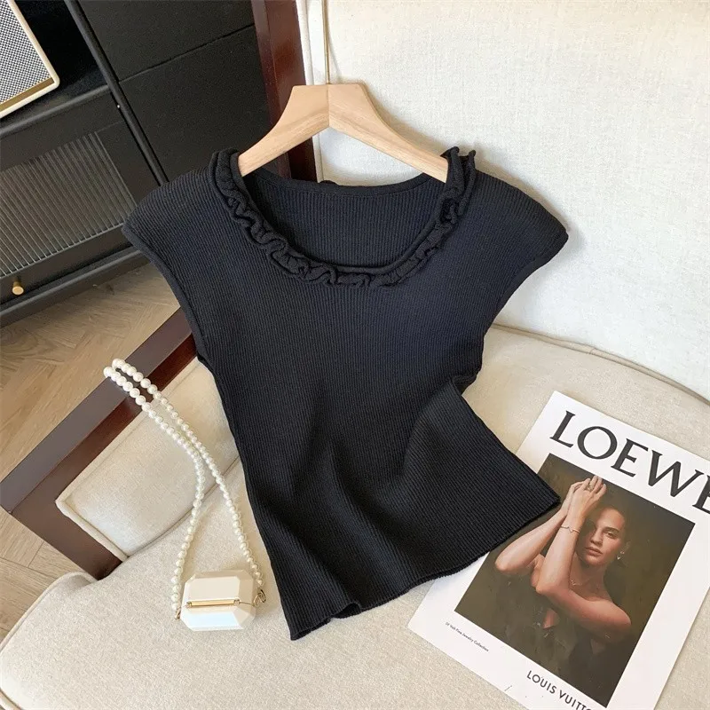 Ice Silk Slim Knit Sweater Vests Women 2024 Summer Sleeveless O-neck T-shirt Pullovers Solid Elegant Fashion Ladies Knitwear