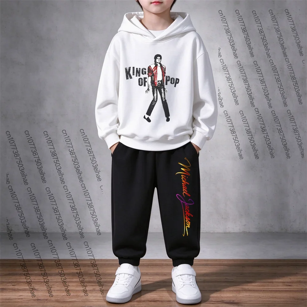 Michael Jackson Print Two-Piece Hooded Sweatshirt Outfit 3-12Y Boys Girls Kids Autumn Long Sleeve Hood Jacket And Trousers Suit