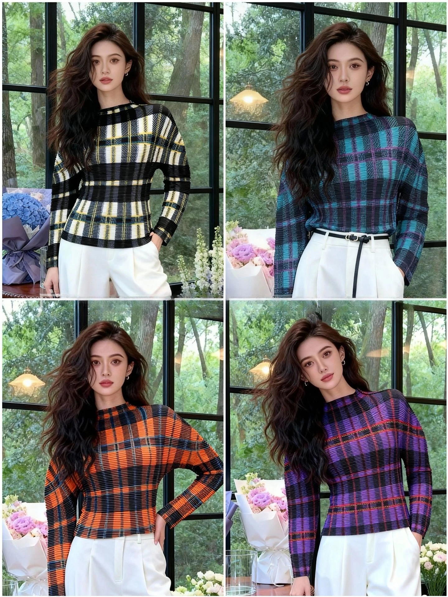 

Miyake Pleated 2025 Winter New Plaid Printed Bottoming Shirt Pleated Casual Versatile Thin Long-sleeved T-shirt Female Pleated
