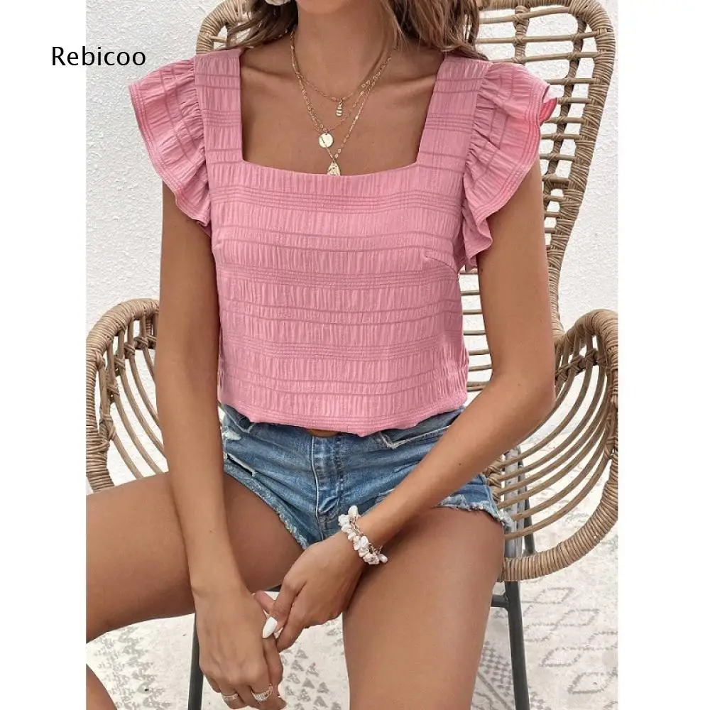 Square Neck Smocked Crop Top For Women Ruffle Short Sleeve For Easy Pairing With Denim Shorts And Daily Street Style Outfits