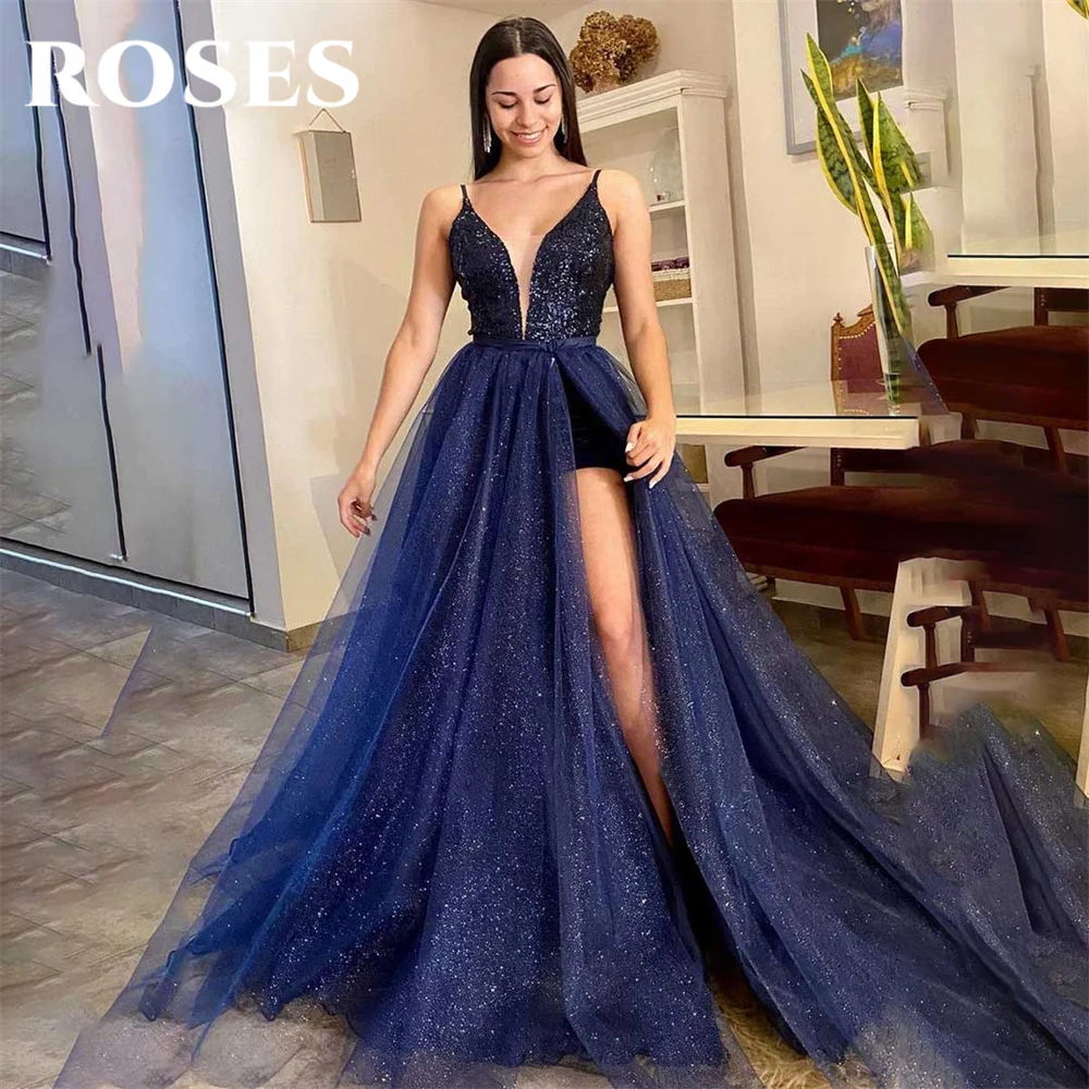 

ROSES Blue Evening Dress V-Neck A-Line Long Corset Spaghetti Strap Prom Dress with Pleats Sleeveless 프롬드레스 Sequins Party Dress