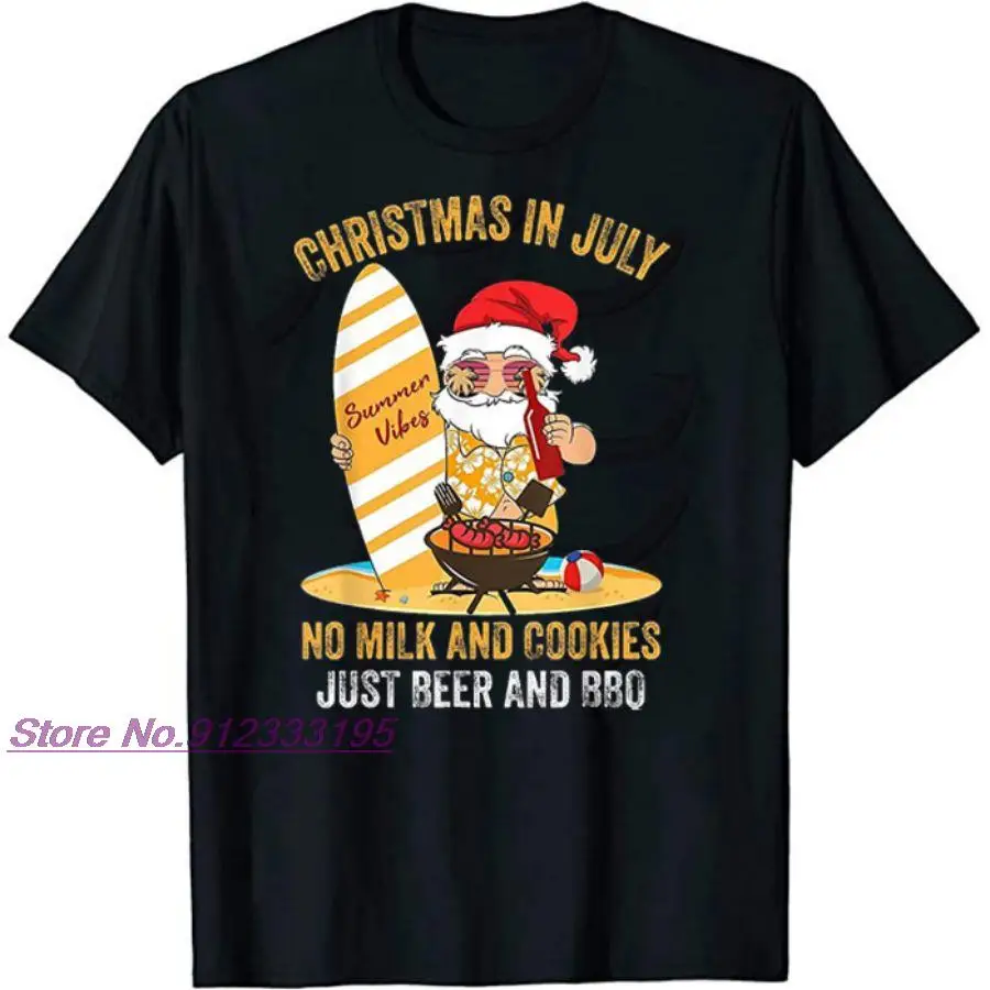 Surfer Santa Beer and BBQ Xmas Summer Christmas In July T-Shirt 2021 Fashion Christmas Santa Claus Short Sleeve T Shirt