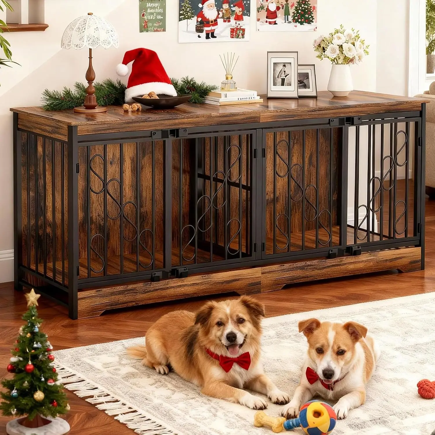 

71-дюймовый двойной ящик для собак, очень большой питомник для собак в помещении для 2 собак, прочный деревянный домик для собак с разделителем для домашних животных