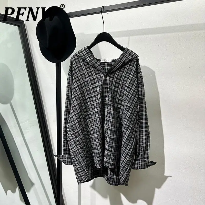 PFNW Autumn Trend Men's Shirts Loose Black Plaid Heat-melting Rhinestone Hooded Shirt Vintage Silhouette Long Sleeve Top 12C1766