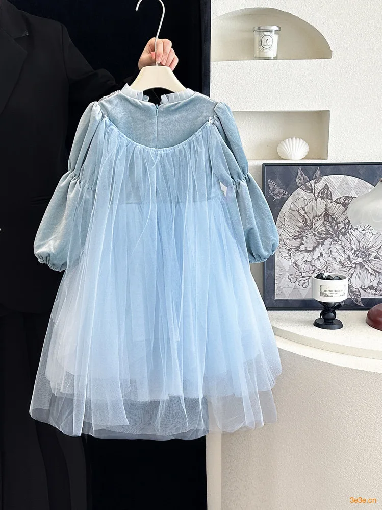 Mädchen Herbst Winter Mesh-Schleifen-Prinzessinnenkleid Kinder Schüler Paillettenkleid, Baby Warmes Puffkleid Kinder Lässiges Urlaubs-Party-Outfit – Detail 3