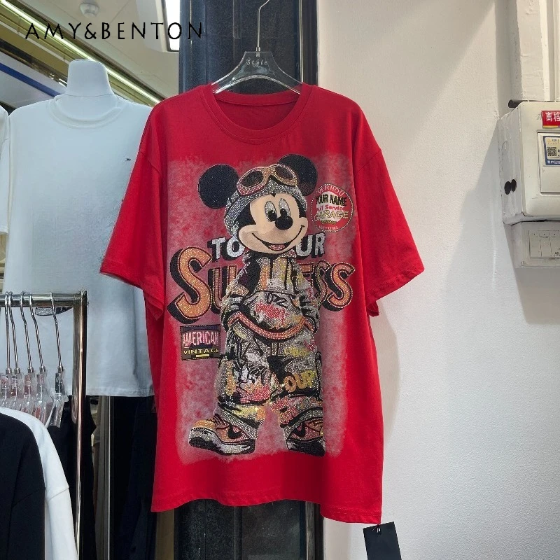 

Spring Summer New Arrival Heavy Craft Rhinestone Letter Cartoon Tees Fashion Loose Fit Mid-length Short Sleeves T-shirt Female