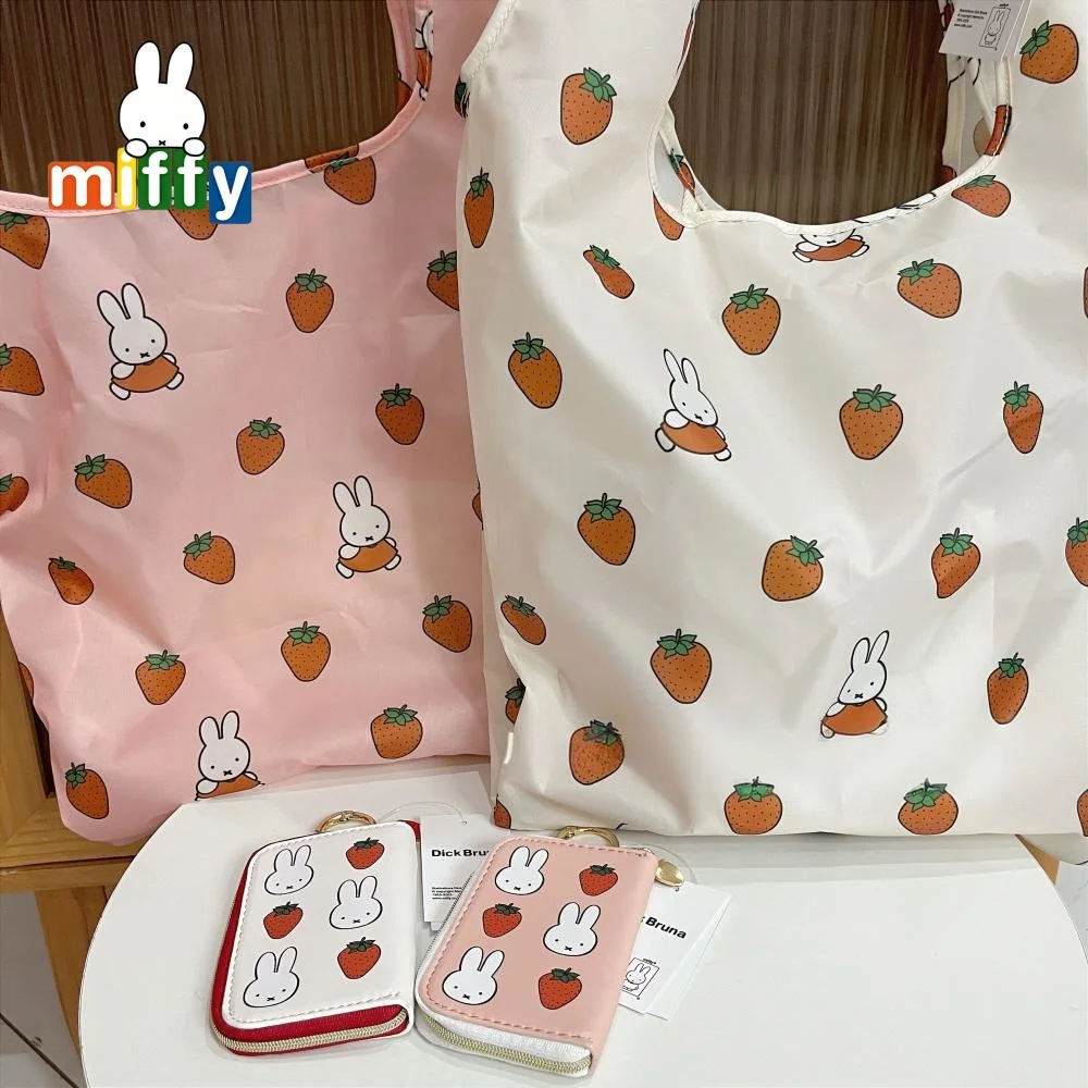 

Сумка Miffy большой емкости, чехол для карт, милая клубничная складная сумка для покупок в супермаркете, брелок для ключей, чехол для карт из искусственной кожи, который можно повесить