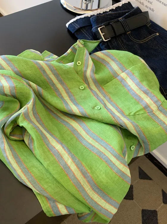 

Свободный крой, полосатый ирт, женский повседневный длинный све, отложной воротник, оверсайз, внутренняя одежда, осенний сезон, женская мода