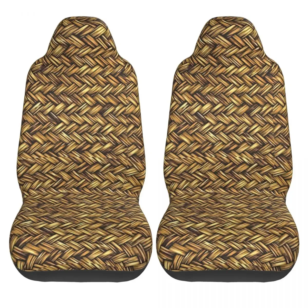 Golden Abstract Woven Straw Wicker Design Car Seat Cover Custom Printing Universal Front Protector Accessories Cushion Set