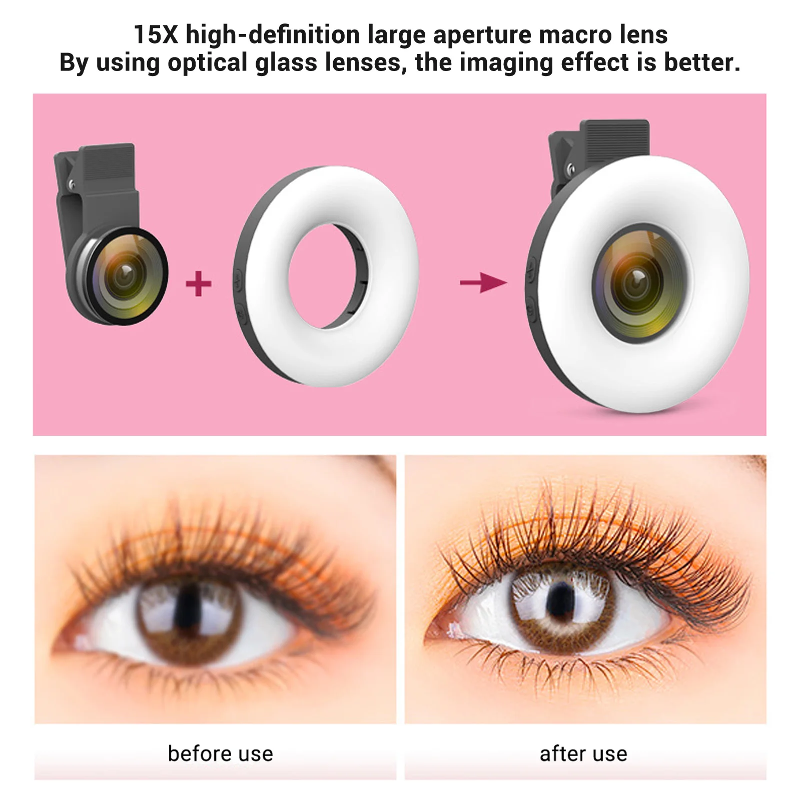 Lente Macro 15X Luz de relleno LED Abrazadera estable ABS 3000K-6500K Luz LED para teléfono 5 niveles de brillo 240mAh para grabación de vídeo