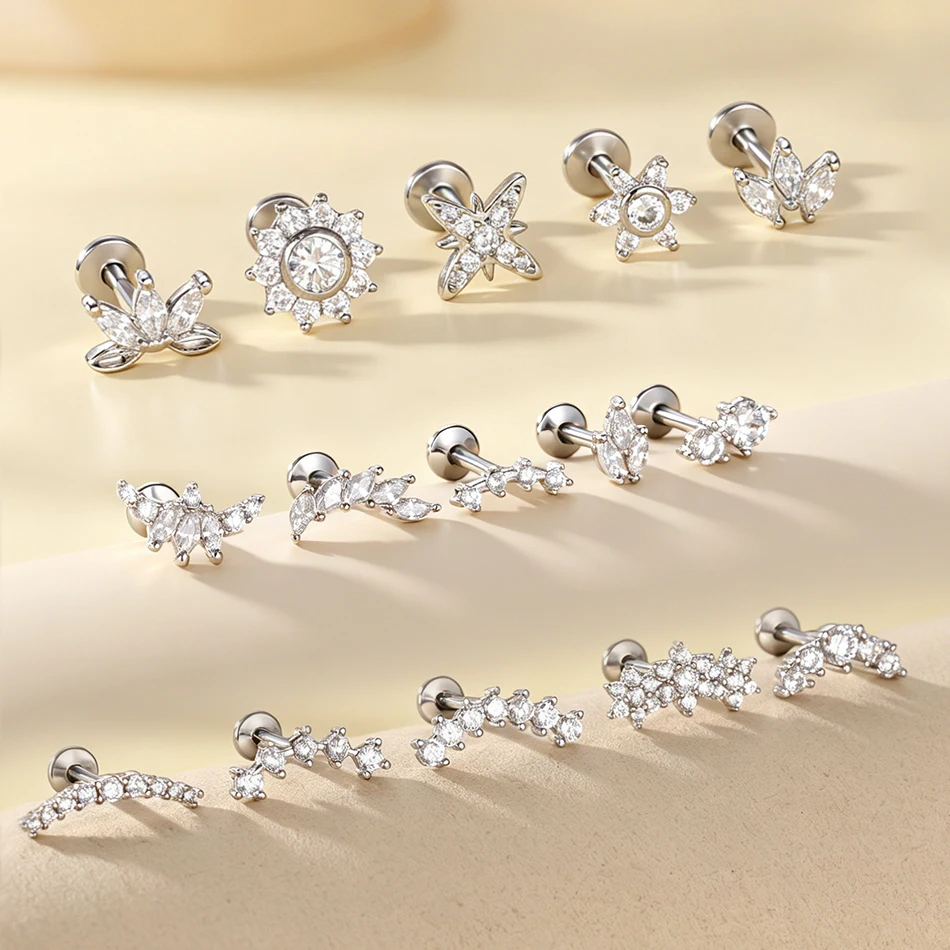 1/5Pcs Stainless Steel Cluster Marquise CZ Tragus Helix Stud Conch Lobe Rook Cartilage Flat Back Labret Stud Earrings Jewelry