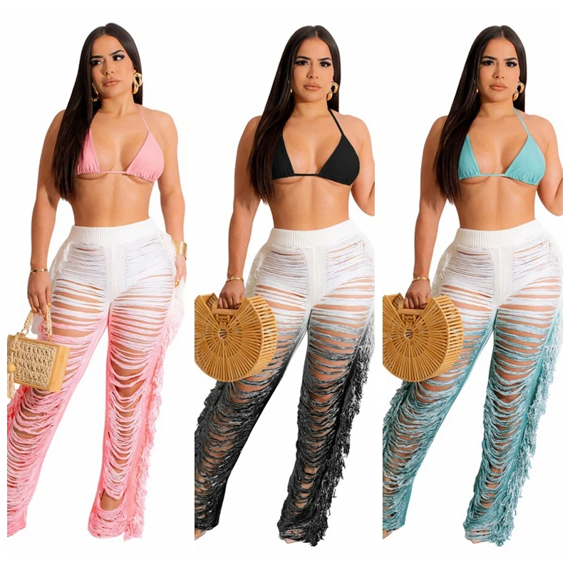 

2023 New 2 Piece Beach Wear Cover-ups Sexy Women Tie Dye Bra Top + Crochet Tassel Long pants Swimwear Cover up Famale