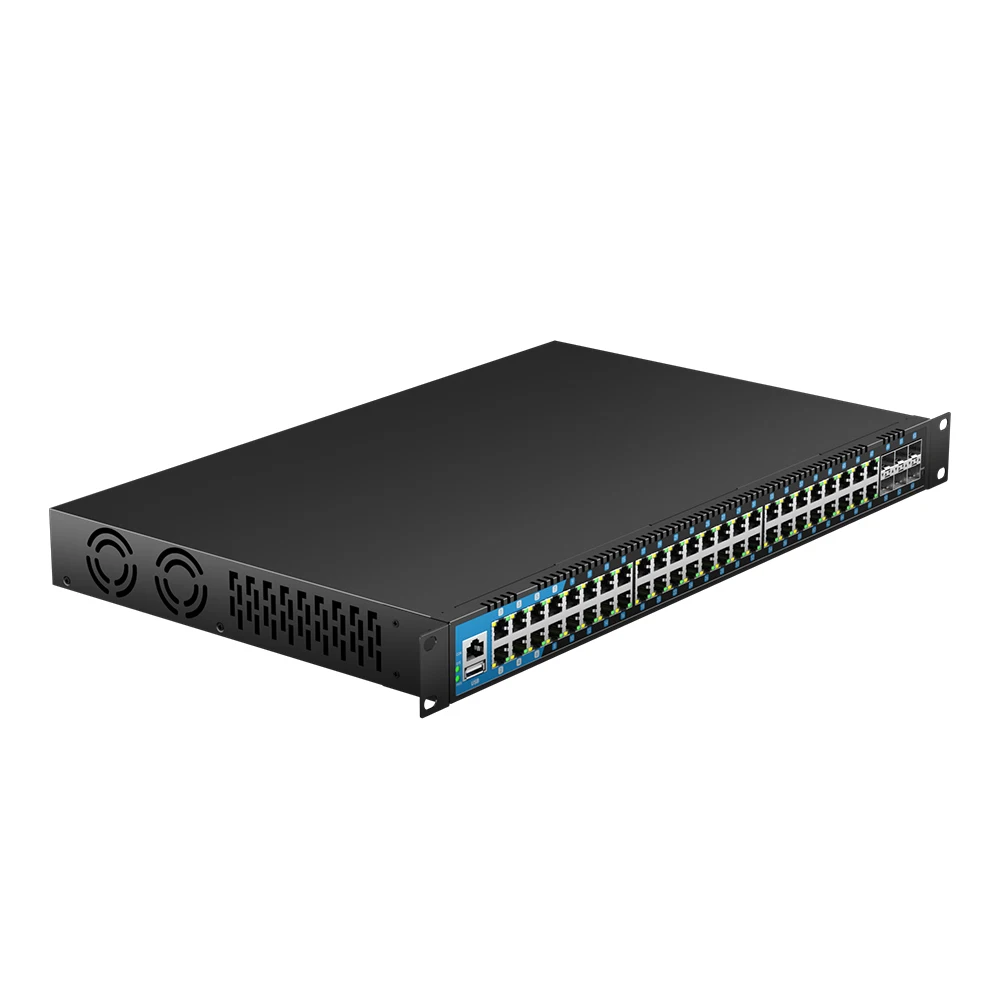 Bullscom 54-poorts beheerde PoE+-schakelaar |   48× Gigabit PoE+ (400W) + 6× 10G SFP+ |   Laag 3-routing |   Netwerkswitch voor onderneming