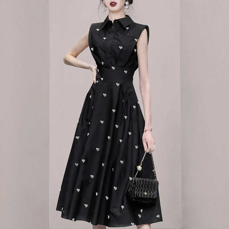 2024 Fashion Summer Shirt Collar Dress French Women Single Breasted Sleeveless Embroidery Heart Slim  Office Party Midi Dresses