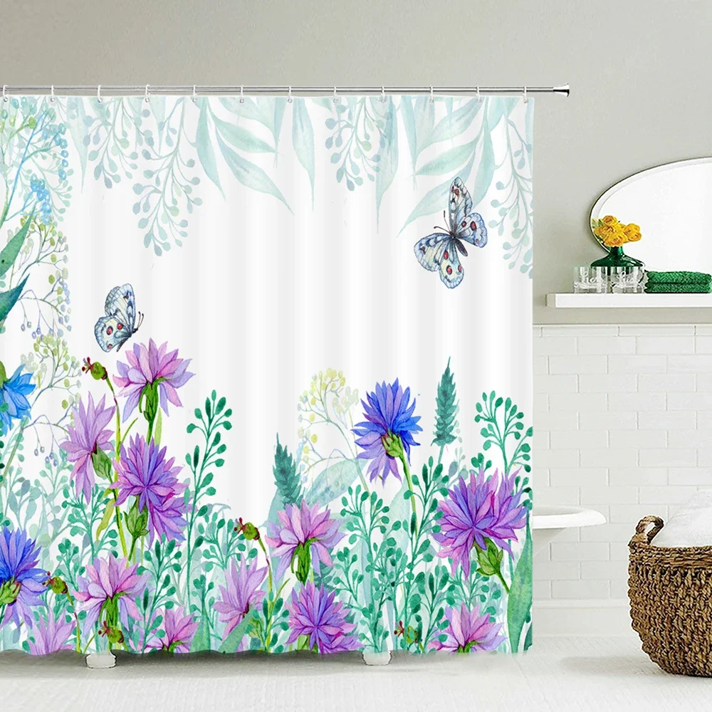 Flowers Plant Fresh Pattern Shower Curtains Waterproof Fabric Bathroom Decor Shower Curtain Multiple Size 240X180 Bath Screen