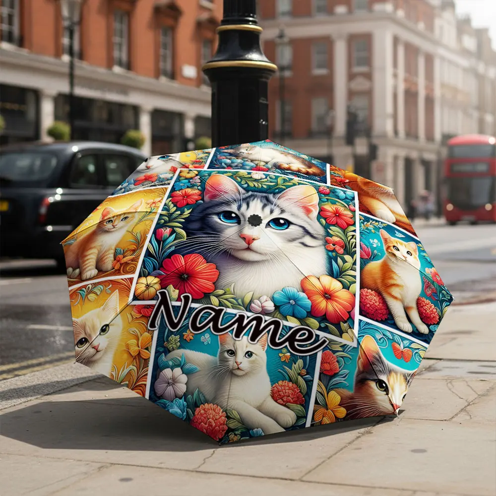 Custom Name Umbrella Colorful Kitten Cat Floral Collage Print Folding Umbrella Compact Portable Travel Parasol For Cat Lovers