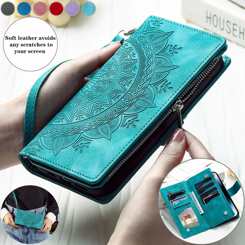 Crossbody Leather Flip Case for iPhone 15 14 Pro Max 13 12 11 X XS XR SE 2022 8 7 Plus Long Lanyard Zip Wallet Card Phone Cover