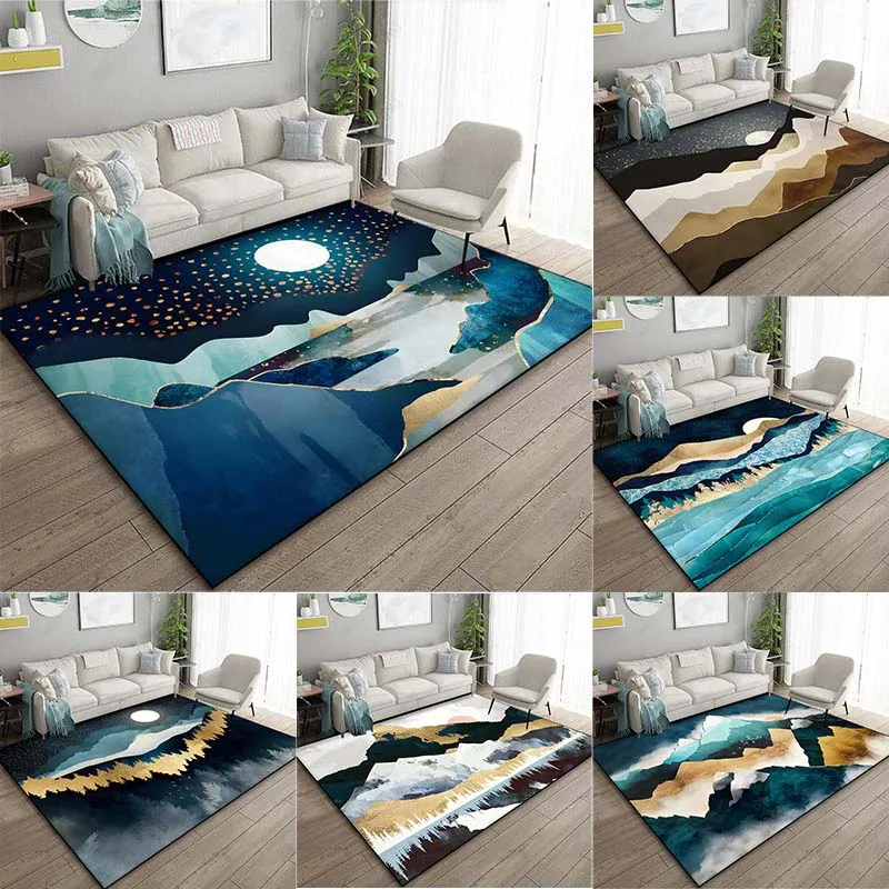 Abstract Landscape Moon Mountain Golden Pattern Floor Rug 3 Size Living Room Bedroom Bedside Bathroom Floor Mat AreaRug Carpets