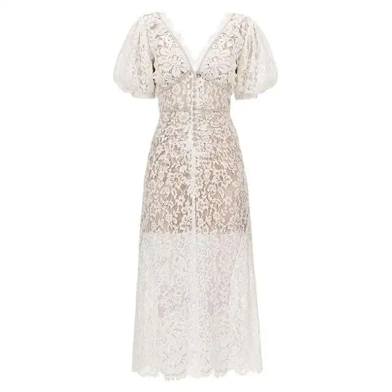 

JAMERARY Fashion Flower Embroidery Lace Ivory White V-Neck Diamonds Dresses Women Short Sleeve Bodycon Midi Long Vestidos