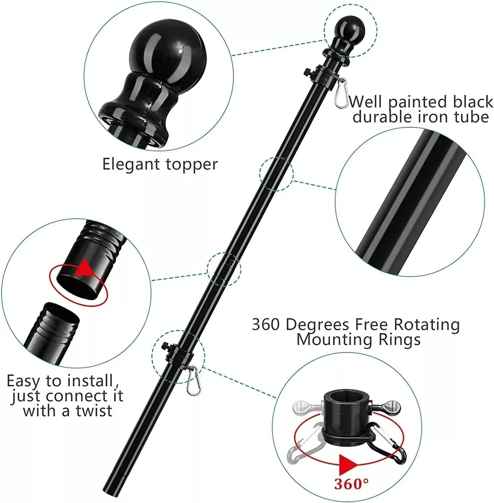 6FT Flag Pole Kit Heavy Duty Bracket Metal Pole With 2 Rotating Rings