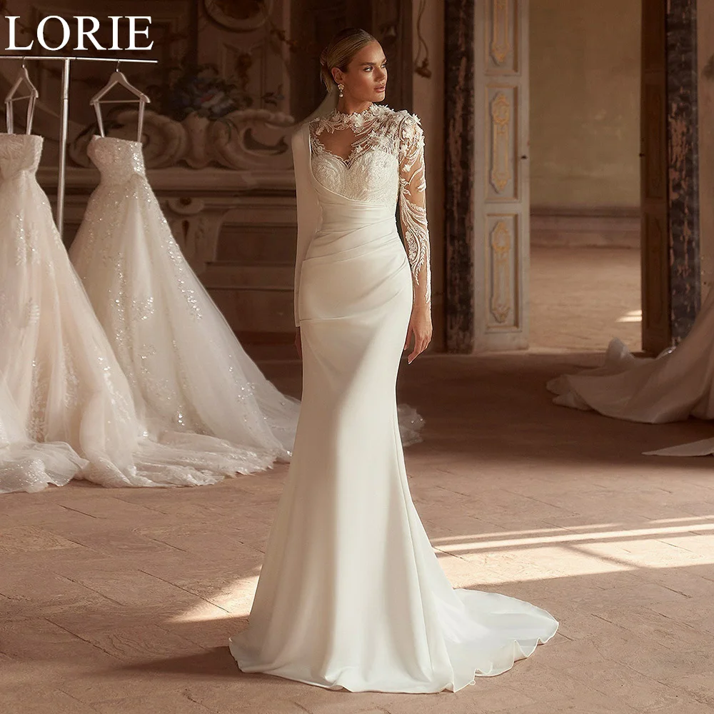 LORIE-Vestidos De Novia elegantes De sirena, Apliques De encaje con cuello redondo y mangas largas, vestido De Novia bohemio personalizado