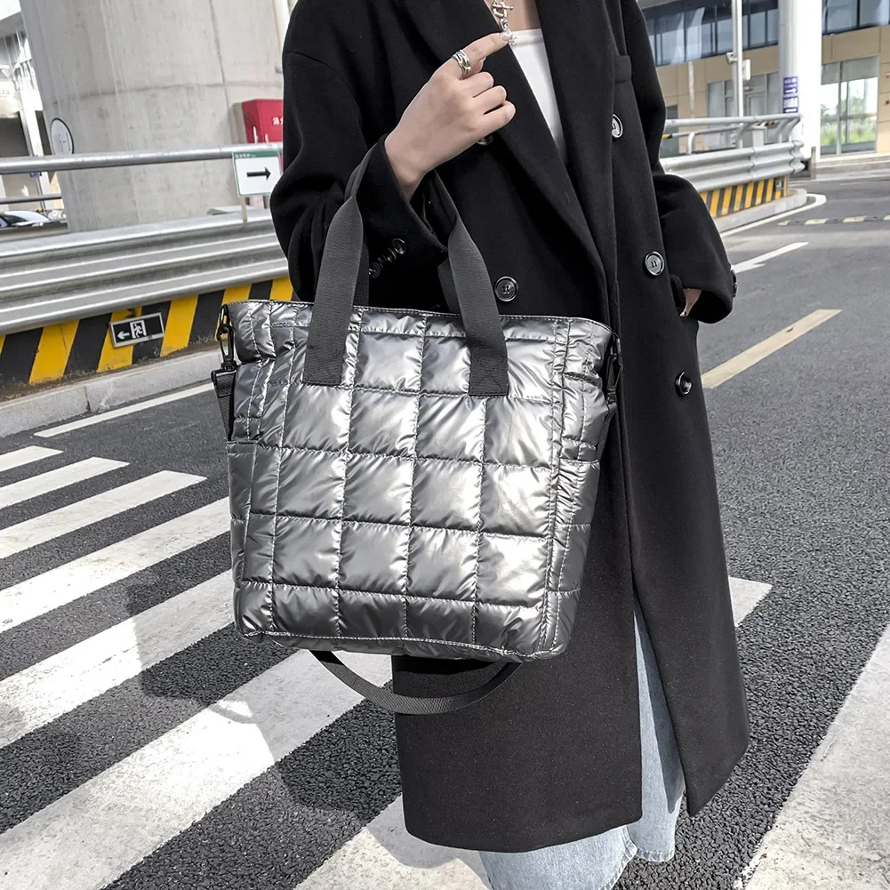 Women Top-Handle Bag Women Solid Color Quilted Lattice Crossbody Bag Fashion Ladies Nylon Handbag for Outdoor Leisure Traveling