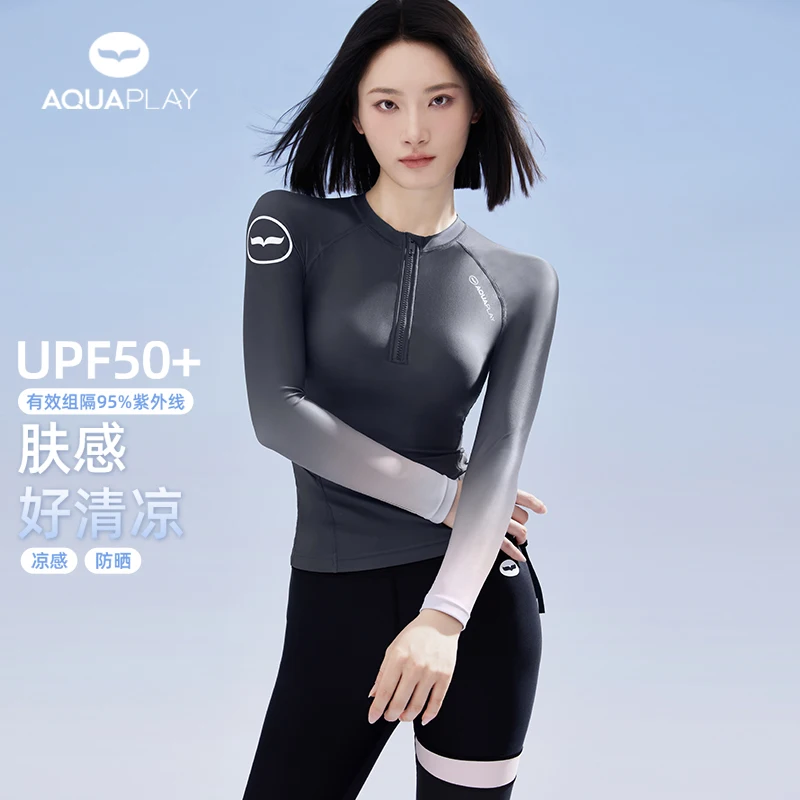 

AquaPlay Fashion Slimming Summer Women's Sport Swimsuit Fitness Zipper Swimsuit Beach UPF50+ Long Sleeve Rash Guard Diving