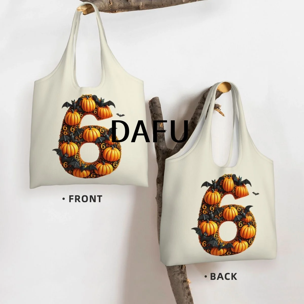 Batty Pumpkin Number 6 Funny Halloween Bat Pumpkin Tote Bag for Women - Gothic Canvas Shoulder Bag Shopping Commute Party