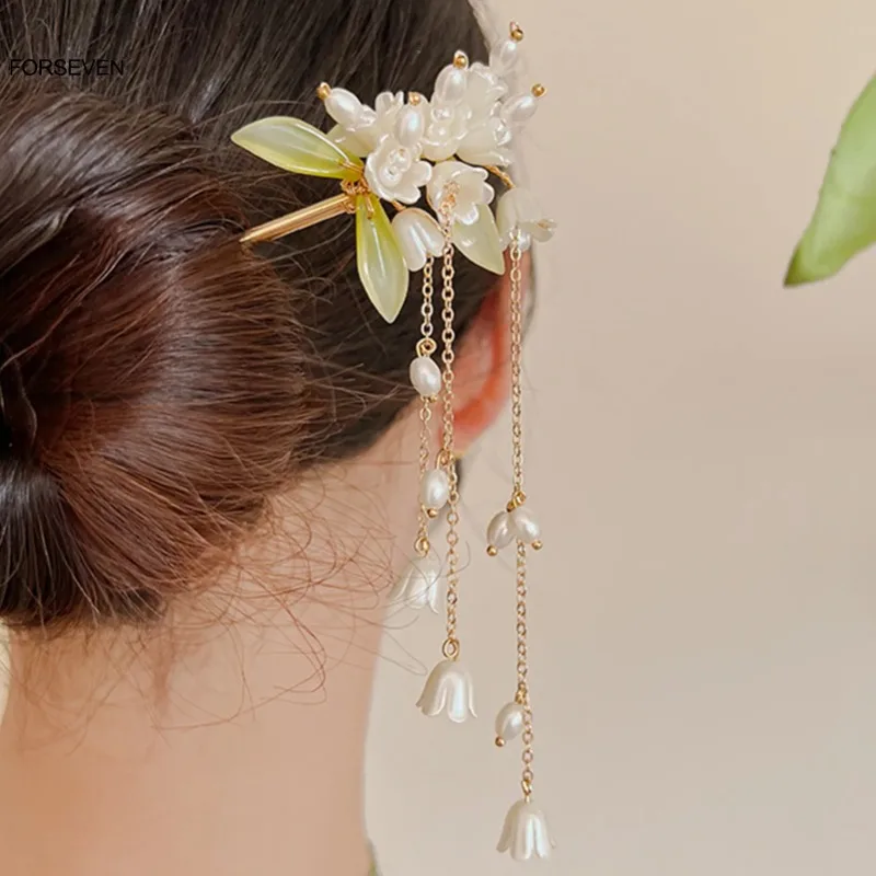 

Chinese Chopsticks Style Hairpin Women Girls Pearl Pendant Hair Jewelry White Flower Hair Sticks Forks Elegant Floral Headpieces