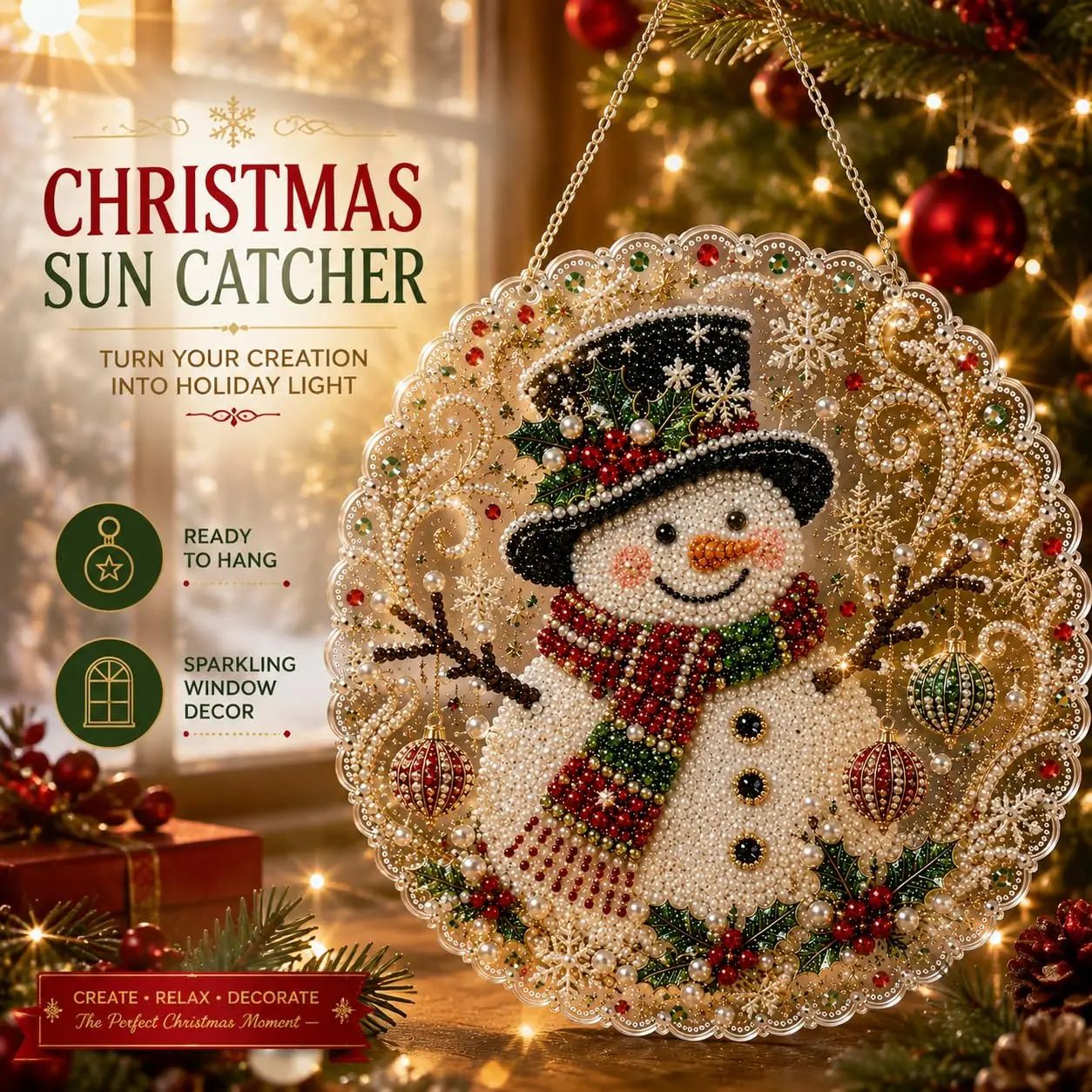 DIY Christmas Pearl Art Diamond Painting Suncatcher Kit 8 Inch Christmas Pearl Beads Art Craft for Beginners, Festive Home Decor - view 4