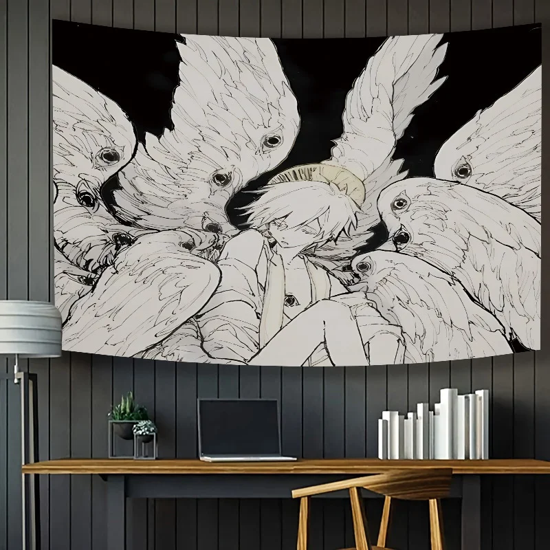 Chic Anime Boy-White Wing Tapestry-Polyester Wall Hanging for Bedroom Living Room and Home Decor Includes Free Accessories