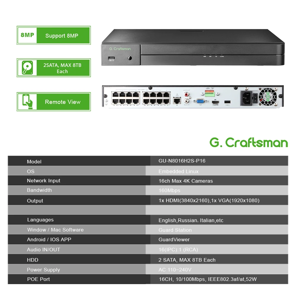 16CH POE NVR Security Recorder for Security,IP Camera System,Surveillance,Guard Viewer,Guard Station,GU-N8016H2S-P16 G.Craftsman