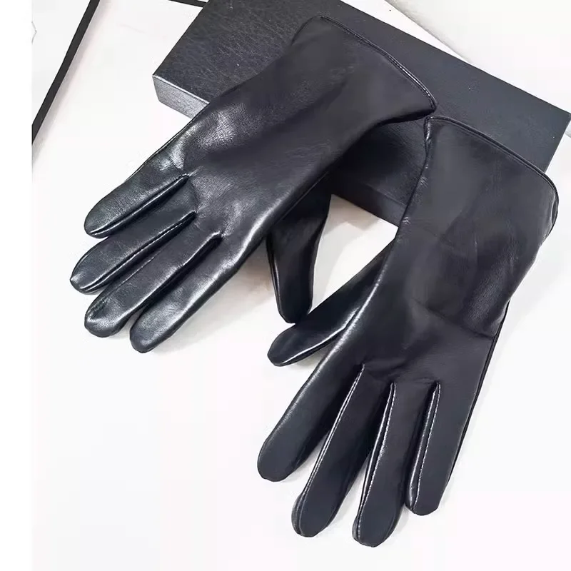 Men's Sheepskin Driving Gloves Solid Color Plus Velvet Touch Screen Fashion Ripple Riding Motorcycle Gloves