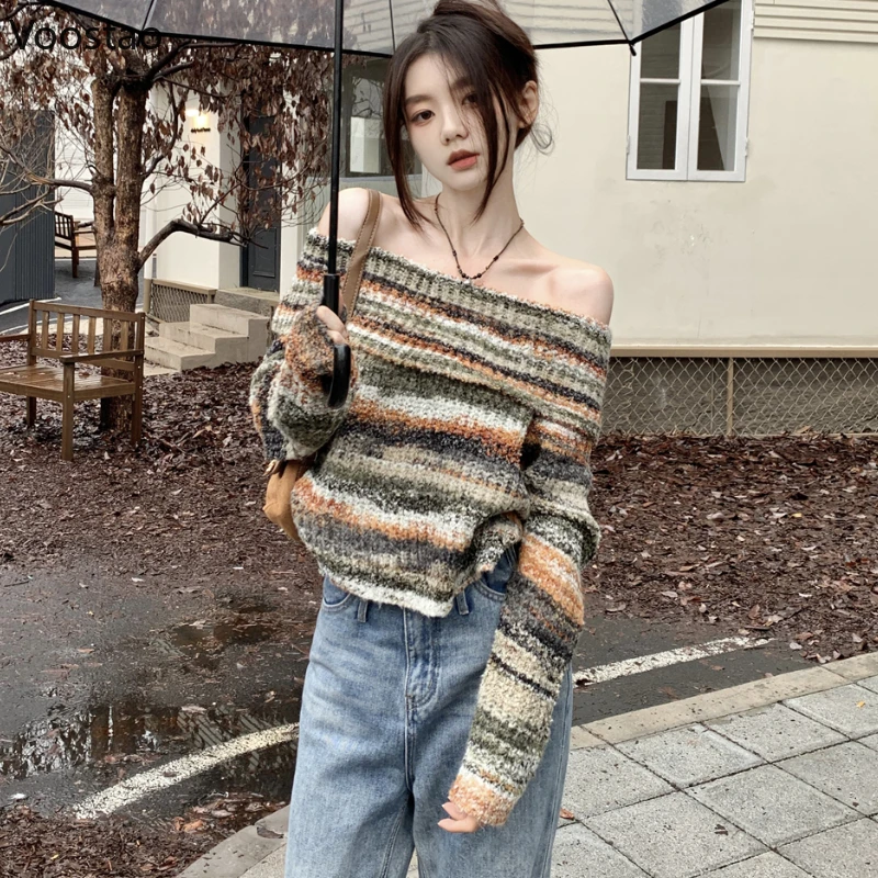 Y2k Aesthetic Off Shoulder Knitted Pullover Women Vintage Chic Striped Slash Neck Slim Sweater Sexy Elegant Lady Jumpers Tops