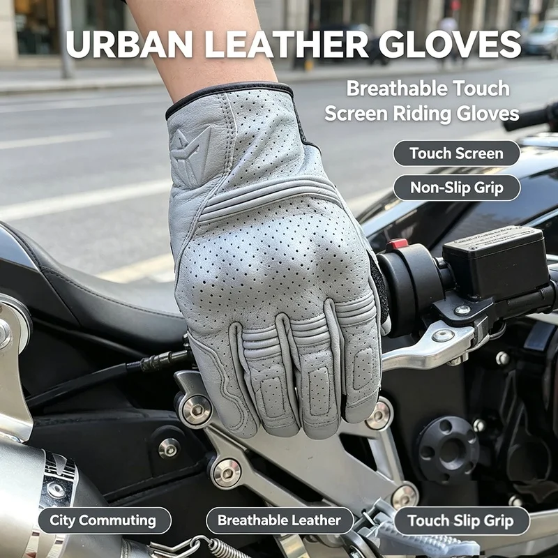 Retro Real Leather Motorcycle Gloves Moto Waterproof Gloves Full Finger Guants Motorcycle Protective Glove Motocross Items Gray