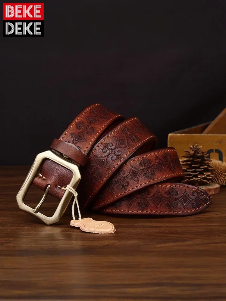 Vintage Mens Cowskin Genuine Leather Belt Brass Pin Buckle Italian Style Personalized Carving Handmade Casual Jeans Waistband