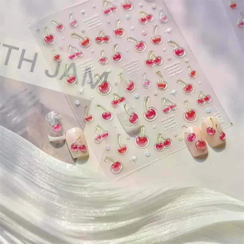 Doce geléia vermelho cereja arte do prego adesivo em relevo menina feminino auto adesivo adesivo de unhas ano novo natal manicure decalques presente
