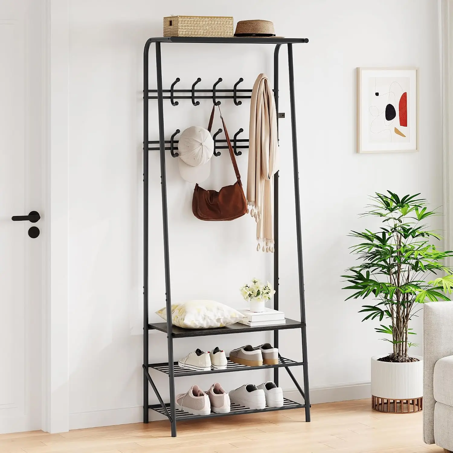 Hall Tree Coat Rack Shoe Storage Bench, 10 Hooks & 3-Tier Shoe Rack, Freestanding Metal Frame for Entryway, Customized view 2
